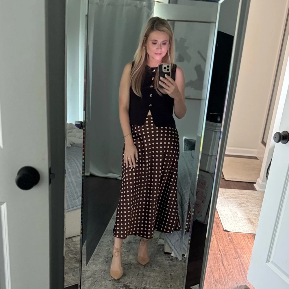 Fall Old Money Style Women's Chocolate Brown / White Polka Dot Satin Long Skirt - Picture 10 of 11